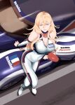  1girl alternate_costume blonde_hair blue_eyes breasts closed_mouth crossed_legs hair_between_eyes highres kantai_collection large_breasts lips long_hair mole mole_under_eye mole_under_mouth race_vehicle racecar racequeen racing_suit richelieu_(kancolle) shingyou_(alexander-13) smile solo white_footwear 