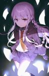  1girl absurdres bangs black_footwear black_gloves black_jacket black_ribbon boots braid brown_neckwear collared_shirt commentary_request dangan_ronpa:_trigger_happy_havoc dangan_ronpa_(series) feet_out_of_frame frown gloves hair_ornament hair_ribbon highres jacket kirigiri_kyouko knee_boots long_hair looking_at_viewer miniskirt multicolored multicolored_background necktie open_clothes open_jacket pleated_skirt purple_hair purple_skirt ribbon shirt side_braid single_braid skirt solo usanta violet_eyes white_shirt 