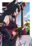  1girl absurdres animal_ear_fluff animal_ears bangs bell black_hair blurry bow breasts choker closed_eyes clouds depth_of_field detached_sleeves eyebrows_visible_through_hair flipped_hair floral_print hair_between_eyes highres hololive instrument isaya_(pixiv4541633) jingle_bell kouhaku_nawa long_hair multicolored_hair neckerchief ookami_mio open_mouth outdoors pillar pleated_skirt redhead ribbon sailor_collar sailor_shirt shirt sitting skirt sky sleeveless sleeves_past_wrists smile solo streaked_hair tail tail_wrap thigh-highs tree ukulele upper_teeth very_long_hair virtual_youtuber wolf_ears wolf_girl wolf_tail 