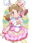  1girl animal_ears bangs blush brown_hair choker dress fake_animal_ears hairband highres looking_at_viewer may_(pokemon) official_alternate_costume pantyhose pink_dress pokemon pokemon_(game) pokemon_masters_ex pokemon_oras rabbit_ears simple_background smile solo tonayon wrist_cuffs yellow_hairband yellow_legwear 