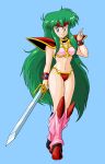  1980s_(style) 1girl 675_(image_675) absurdres arm_up armor ayanokouji_rem bikini bikini_armor blue_background blue_eyes boots bracer breasts choker dream_hunter_rem full_body green_hair highres index_finger_raised knee_boots leg_warmers long_hair navel pink_legwear red_bikini retro_artstyle simple_background small_breasts smile solo swimsuit sword thighs tiara very_long_hair weapon 