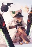  1girl absurdres bandaged_arm bandaged_leg bandages barefoot breasts cape dark_skin dark-skinned_female feet guilty_gear guilty_gear_strive highres looking_at_viewer medium_hair orange_eyes platinum_blonde_hair ramlethal_valentine short_shorts shorts single_bare_leg sitting solo sword thigh_strap weapon white_cape white_headwear white_shorts xian_yu_mo_ren 