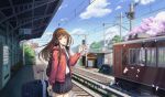  1girl absurdres backpack bag bangs black_skirt blue_sky brown_eyes brown_hair cherry_blossoms clouds coat day digital_media_player english_commentary eyebrows_visible_through_hair ground_vehicle hair_blowing headphones highres holding luggage medium_hair mirror open_mouth original outdoors overhead_line petals planetariangaolin pleated_skirt railroad_tracks red_coat scenery school_uniform shirt sidelocks sign skirt sky smile solo spring_(season) standing train train_station tree vending_machine waving white_shirt 