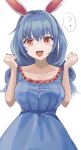  1girl :d ? animal_ears bangs blue_dress blue_hair breasts collarbone commentary_request cowboy_shot dress eyebrows_behind_hair hair_between_eyes hands_up highres large_breasts long_hair looking_at_viewer low_twintails open_mouth puffy_short_sleeves puffy_sleeves rabbit_ears red_eyes seiran_(touhou) short_sleeves simple_background smile solo spoken_question_mark sweatdrop touhou twintails wanya2panic white_background 