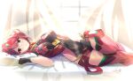  1girl bangs bed black_gloves breasts chest_jewel earrings fingerless_gloves gloves highres jewelry l-phy large_breasts pyra_(xenoblade) red_eyes red_legwear red_shorts redhead short_hair short_shorts shorts swept_bangs thigh-highs tiara xenoblade_chronicles_(series) xenoblade_chronicles_2 