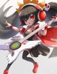 1girl ashley_(warioware) black_dress black_hair crazy_galaxy dress electric_guitar furrowed_eyebrows gonzarez guitar hair_ornament headphones highres instrument long_hair looking_at_viewer open_mouth red_eyes red_footwear skull_hair_ornament thigh-highs twintails warioware wristband