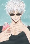  1boy ameyu_(ame12y) black_shirt blue_background blue_eyes character_name cupcake dated food gojou_satoru highres holding holding_food icing jujutsu_kaisen licking_lips male_focus shirt simple_background solo sunglasses thumbs_up tongue tongue_out white_hair 