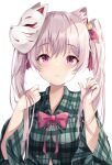  &gt;_&lt; 1girl alternate_hairstyle animal_ear_fluff animal_ears bangs blush blush_stickers bow breasts cat_ears closed_mouth collared_shirt commentary_request expressionless eyebrows_visible_through_hair fox_mask hair_between_eyes hair_ribbon hands_in_hair hands_up hata_no_kokoro highres kemonomimi_mode kofumi_(nxme5555) long_hair long_sleeves looking_at_viewer mask mask_on_head medium_breasts pink_bow pink_eyes pink_hair pink_neckwear plaid plaid_shirt red_ribbon ribbon shirt simple_background solo touhou twintails upper_body white_background wide_sleeves 