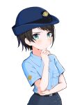  1girl alternate_costume bangs belt black_hair blue_eyes blue_shirt blue_skirt blush chin_stroking collared_shirt commentary_request cowboy_shot female_service_cap hand_on_own_chin hat highres hololive kirome_toru_2 looking_at_viewer oozora_subaru police police_hat police_uniform policewoman shirt short_hair short_sleeves simple_background single_sidelock skirt solo swept_bangs thinking uniform virtual_youtuber white_background 