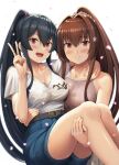  2girls :d anchor_symbol belt belt_buckle black_belt black_hair blue_shorts blush breasts brown_eyes brown_hair buckle clothes_writing collarbone eyebrows_visible_through_hair fingernails flower hair_between_eyes hair_flower hair_ornament highres ichikawa_feesu kantai_collection large_breasts long_hair looking_at_viewer multiple_girls open_mouth petals pink_flower ponytail red_eyes shirt short_sleeves shorts simple_background smile v white_background white_shirt yahagi_(kancolle) yamato_(kancolle) 