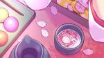  bell bow cherry_blossoms cup dango food hair_ornament hololive japanese_clothes jingle_bell kimono long_sleeves medium_hair niwashidori_maki one_side_up out_of_frame outdoors petals petals_on_liquid pink_hair reflection sakura_miko stick table teapot tray virtual_youtuber wagashi 