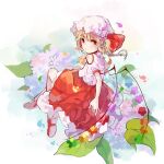  1girl ascot bangs blonde_hair closed_eyes clothing_cutout collar flandre_scarlet floating flower frilled_collar frills guozimiao hat hat_ribbon leaf looking_at_viewer mob_cap over_shoulder puffy_short_sleeves puffy_sleeves red_eyes red_footwear red_skirt ribbon shirt short_hair short_sleeves shoulder_cutout side_ponytail skirt solo touhou white_background white_shirt wings 