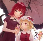  2girls alternate_costume bat_wings blonde_hair bow commentary_request commission dress flandre_scarlet food hat hat_bow head_wings holding holding_food honotai ice_cream koakuma licking_lips medium_hair mob_cap multiple_girls pointy_ears puffy_short_sleeves puffy_sleeves red_bow red_dress red_eyes redhead short_sleeves simple_background tongue tongue_out touhou umbrella white_background white_headwear wings 