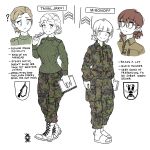  2girls blonde_hair blue_eyes book boots brown_eyes brown_hair camouflage camouflage_jacket camouflage_pants character_name english_text full_body highres holding jacket long_sleeves military military_rank_insignia military_uniform multiple_girls multiple_views notebook original ostwindprojekt pants partially_colored pen sandals short_hair simple_background smile sweater uniform white_background 