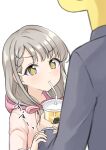  +_+ 1girl 1other bangs bendy_straw black_jacket blush bow braid braided_bangs brown_hoodie commentary cup disposable_cup drinking drinking_straw eyebrows_visible_through_hair formal grey_eyes grey_hair hair_bow hair_over_shoulder highres hisakawa_nagi holding holding_cup hood hood_down hoodie idolmaster idolmaster_cinderella_girls idolmaster_cinderella_girls_starlight_stage jacket long_hair long_sleeves low_twintails mitsumine_raimu p-head_producer pink_bow simple_background striped striped_bow suit translated twintails v-shaped_eyebrows white_background 