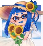  1girl aoaza_83 artist_name bangs blue_eyes blue_hair blue_ribbon blue_tongue blunt_bangs blunt_ends brown_headwear clouds cloudy_sky colored_tongue day domino_mask dress fangs flower hat hat_flower hat_ribbon highres holding holding_flower inkling looking_at_viewer mask medium_hair open_mouth outdoors outside_border pointy_ears ribbon sky smile solo splatoon_(series) standing straw_hat sun_hat sundress sunflower symbol_commentary tentacle_hair white_dress 
