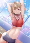  1girl ;) ahoge arm_behind_head armpits bare_shoulders blue_shorts brown_hair collarbone cowboy_shot dutch_angle eyebrows_visible_through_hair grabbing_own_arm grin gym_shorts hayaoki_(asagi-iro_seishun-bu) highres looking_at_viewer navel one_eye_closed original red_eyes red_sports_bra short_hair shorts smile sports_bra stomach stretch teeth window 