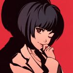  1girl bangs black_hair blunt_bangs bob_cut brown_eyes closed_mouth collarbone eyelashes hand_to_own_mouth jewelry labcoat lipstick looking_at_viewer makeup moshimoshibe necklace one_eye_closed persona persona_5 persona_5_the_royal pink_lips portrait red_background shadow short_hair simple_background smile solo takemi_tae 