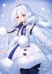  1girl :d antenna_hair argyle arm_belt azur_lane bangs belt_collar black_legwear blush buttons chuu_ling coat coat_dress collar commentary_request cowboy_shot earmuffs eyebrows_visible_through_hair fur-trimmed_coat fur-trimmed_sleeves fur_collar fur_trim hair_between_eyes hair_intakes high_collar long_hair long_sleeves looking_at_viewer open_clothes open_coat open_mouth outdoors pantyhose partially_unzipped pom_pom_(clothes) red_eyes sleeve_cuffs smile snowflakes snowing solo stremitelny_(azur_lane) turtleneck white_coat white_hair winter winter_clothes 