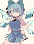  1girl bangs blue_eyes blue_hair blue_shirt blue_skirt bow bright_pupils cirno closed_mouth collared_shirt cowboy_shot green_bow hair_between_eyes hair_bow hand_on_hip highres ice ice_wings looking_to_the_side ma_sakasama navel see-through shirt short_hair short_sleeves simple_background skirt solo standing touhou white_background white_pupils wings 