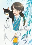  1boy animal_on_shoulder brown_hair cat cat_on_shoulder glasses hands_in_opposite_sleeves highres japanese_clothes keishin kimono leaf long_sleeves open_mouth original plant shadow short_hair smile solo upper_body 