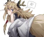  arknights blonde_hair blue_eyes blush from_behind leizi_(arknights) long_hair looking_back pointy_ears raw_egg_lent speech_bubble white_background 
