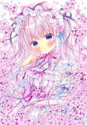  1girl :o apron black_ribbon blue_kimono blush bonnet bow commentary eyebrows_visible_through_hair floral_print flower frilled_apron frills hair_ribbon highres holding holding_flower japanese_clothes kimono lolita_fashion long_hair looking_at_viewer marker_(medium) original parted_lips pink_bow pink_flower pink_hair pink_theme puu_(kari---ume) ribbon shiny shiny_hair simple_background solo symbol_commentary traditional_media two_side_up violet_eyes wa_lolita white_apron white_background 