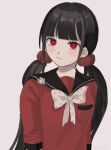  1girl bangs blunt_bangs blush bow breast_pocket brown_hair closed_mouth commentary_request dangan_ronpa_(series) dangan_ronpa_v3:_killing_harmony hair_ornament harukawa_maki highres isu_(osushi_1225) light_frown long_hair looking_at_viewer low_twintails mole mole_under_eye pocket polka_dot polka_dot_bow red_eyes red_scrunchie red_shirt sailor_collar school_uniform scrunchie shirt simple_background sleeves_past_elbows solo twintails upper_body 
