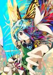  1girl abstract absurdres aqua_hair butterfly_wings dark dress eternity_larva flower green_dress hair_flower hair_ornament highres leaf leaf_clothing light_blue_background light_smile lily_(flower) looking_at_viewer neruzou outstretched_hand red_eyes short_hair touhou wings 