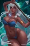  1girl armlet asymmetrical_hair atlantis:_the_lost_empire bare_shoulders bikini blue_bikini blue_eyes breasts contrapposto cowboy_shot dark_skin dark-skinned_female english_commentary facial_mark highleg highleg_bikini highres holding holding_polearm holding_weapon jewelry kidagakash large_breasts lips long_hair looking_at_viewer navel parted_lips patreon_username pendant polearm prywinko signature single_earring swimsuit very_long_hair weapon white_hair wide_hips 