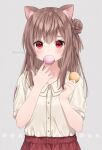  1girl animal_ear_fluff animal_ears anz32 bangs blush brown_hair cat_ears collared_shirt commentary_request covered_mouth dress_shirt eyebrows_visible_through_hair food grey_background hair_between_eyes hair_bun hands_up holding holding_food long_hair looking_at_viewer macaron one_side_up original red_eyes red_skirt shirt short_sleeves side_bun simple_background skirt solo twitter_username white_shirt 