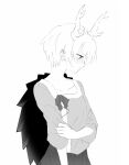  1girl blush commentary_request dragon_horns greyscale highres holding_own_arm horns kicchou_yachie monochrome shikushiku_(amamori_weekly) shirt short_hair short_sleeves simple_background skirt solo sweat touhou turtle_shell upper_body white_background 