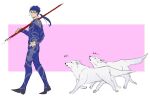  1boy 2others armor blue_bodysuit blue_hair bodysuit closed_mouth cu_chulainn_(fate)_(all) dog earrings fate/stay_night fate_(series) floating_hair from_side full_body gae_bolg_(fate) hand_on_hip holding holding_polearm holding_weapon iash jewelry lancer long_hair looking_at_another male_focus multiple_others muscular muscular_male pauldrons polearm ponytail red_eyes shoulder_armor skin_tight spiky_hair walking weapon white_wolf wolf 