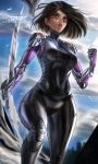  1girl alita battle_angel_alita black_bodysuit black_hair blue_sky bodysuit brown_eyes clouds cloudy_sky covered_navel cowboy_shot from_below hand_up holding holding_sword holding_weapon humanoid_robot izhardraws outdoors parted_lips robot short_hair signature sky solo sword weapon 