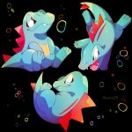  air_bubble bubble closed_eyes closed_mouth commentary_request fang fang_out gen_2_pokemon highres jacknaiff multiple_views no_humans pokemon pokemon_(creature) red_eyes sharp_teeth smile starter_pokemon teeth toes totodile watermark 