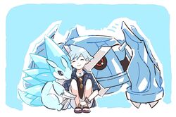  1boy alolan_form alolan_sandslash bangs blush bracelet closed_eyes closed_mouth commentary_request gen_3_pokemon gen_7_pokemon grey_hair ittumozzz jewelry male_focus metagross necklace pokemon pokemon_(creature) pokemon_(game) pokemon_masters_ex ring sandals short_hair shorts sitting smile spiky_hair steven_stone sunglasses undershirt 