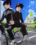  2boys absurdres bangs bicycle black_eyes black_hair black_jacket black_pants blue_sky bouquet character_request clouds commentary_request day flower gakuran ground_vehicle hair_between_eyes highres jacket male_focus mob_psycho_100 multiple_boys multiple_riders naeng_chim outdoors pants parted_lips power_lines railing riding riding_bicycle road school_uniform shoes sky socks utility_pole white_flower white_footwear white_socks 