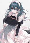  1girl blue_eyes blush breasts byleth_(fire_emblem) byleth_eisner_(female) closed_mouth fire_emblem fire_emblem:_three_houses frills green_hair grey_background hair_between_eyes hand_on_hip haya_(chiruka237) large_breasts long_hair looking_at_viewer maid maid_headdress simple_background solo 