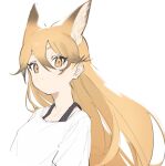  1girl alternate_costume animal_ears black_undershirt brown_hair casual extra_ears eyebrows_visible_through_hair ezo_red_fox_(kemono_friends) fox_ears fox_girl hair_between_eyes kemono_friends kona_ming long_hair looking_at_viewer multicolored_hair orange_eyes orange_hair shirt short_sleeves solo t-shirt white_shirt 