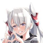  1girl amatsukaze_(kancolle) artist_name blush brown_eyes dated eyebrows_visible_through_hair fingernails grin hair_between_eyes hair_tubes heart heart_hands highres kantai_collection long_hair portrait signature silver_hair simple_background smile solo tk8d32 two_side_up white_background windsock 