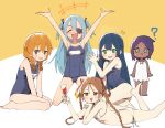  5girls ? @_@ absurdres bangs bikini blue_swimsuit blush braid brown_eyes brown_hair c-33_andvari closed_eyes coco_mercury cup dark_blue_hair dark_skin dark-skinned_female doctor_(last_origin) dress drinking_glass dutch_girl_(last_origin) eyepatch green_eyes hair_pliers hair_rings highres last_origin lrl luke_(dydansgur) multiple_girls name_tag old_school_swimsuit one-piece_swimsuit open_mouth orange_eyes orange_hair school_swimsuit side-tie_bikini smile string_bikini swimsuit twin_braids twintails two_side_up white_dress wine_glass 