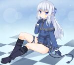  1girl black_footwear blue_capelet blue_dress blue_eyes boots bow capelet checkered checkered_floor demon_girl demon_tail dress eyebrows_visible_through_hair full_body hair_bow highres knee_boots knee_up legs long_hair original pointy_ears ribbon short_dress silver_hair sitting solo tail thigh_strap thighs yobin_(kotohira3689) 