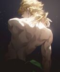  1boy back birthmark blonde_hair chromatic_aberration closed_mouth dio_brando fajyobore floating_hair from_behind joestar_birthmark jojo_no_kimyou_na_bouken light_particles light_smile long_hair looking_back male_focus scar scar_on_neck shadow shirtless sideways_glance solo star_(symbol) stardust_crusaders toned toned_male upper_body wavy_hair yellow_eyes 