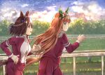  :d animal_ears black_hair blue_bow blue_ribbon blush bow braid brown_hair chain-link_fence closed_mouth commentary ear_bow english_commentary fence green_eyes hair_ribbon hairband highres hikari_niji horse_ears horse_girl horse_tail jacket long_hair long_sleeves multicolored_hair open_mouth outdoors pants profile railing red_jacket red_pants ribbon running silence_suzuka_(umamusume) smile special_week_(umamusume) sunrise tail track_jacket track_pants track_suit two-tone_hair umamusume upper_teeth very_long_hair violet_eyes white_hair white_hairband 