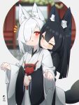  2girls :o animal_ear_fluff animal_ears bangs black_hair black_kimono blurry blurry_background blush closed_mouth commentary_request depth_of_field eyebrows_visible_through_hair fox_ears fox_girl fox_tail green_eyes grey_background hair_over_one_eye highres hug hug_from_behind japanese_clothes kimono kuro_kosyou long_hair long_sleeves multiple_girls obi open_clothes original parted_lips red_eyes sash short_eyebrows silver_hair smile tail thick_eyebrows upper_body white_kimono wide_sleeves yui_(kuro_kosyou) 