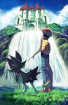  1boy arm_up backpack bag black_hair building clouds commentary_request day from_below gen_4_pokemon grass hat lucas_(pokemon) luxray male_focus outdoors pants pokemon pokemon_(creature) pokemon_(game) pokemon_dppt red_footwear red_headwear rowdon shoes short_hair short_sleeves sky standing water waterfall yellow_bag 