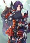  1girl armor armored_boots boots breasts commentary_request cowboy_shot faulds gauntlets greatsword hair_over_one_eye headwear_removed helmet helmet_removed highres medium_breasts mikan_(chipstar182) monster_hunter_(series) original purple_hair rathalos_(armor) red_eyes short_hair skindentation solo standing sweat thigh-highs thigh_boots weapon weapon_on_back 