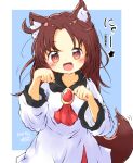  1girl :d absurdres animal_ear_fluff animal_ears brooch dated dress fang highres imaizumi_kagerou jewelry kuranabe long_hair long_sleeves neckerchief open_mouth orange_eyes paw_pose smile tail touhou wolf_ears wolf_tail 