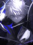  1boy black_shirt blurry blurry_foreground closed_mouth colored_skin commentary english_commentary expressionless grey_eyes hair_between_eyes hunter_x_hunter killua_zoldyck light_particles looking_at_viewer male_focus otsumami_(bu-bu-heaven) outstretched_arm reaching_out shadow shirt short_hair solo spiky_hair straight-on upper_body v-neck white_hair white_shirt white_skin 
