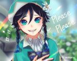  1boy androgynous aoitorix bangs beret black_hair blue_flower blue_hair blurry blurry_background bow braid cape collared_cape collared_shirt english_text flower genshin_impact gradient_hair green_eyes green_headwear hand_on_own_chest hat hat_flower leaf looking_at_viewer male_focus multicolored_hair open_mouth shirt short_hair_with_long_locks smile solo sparkle twin_braids venti_(genshin_impact) white_flower white_shirt 